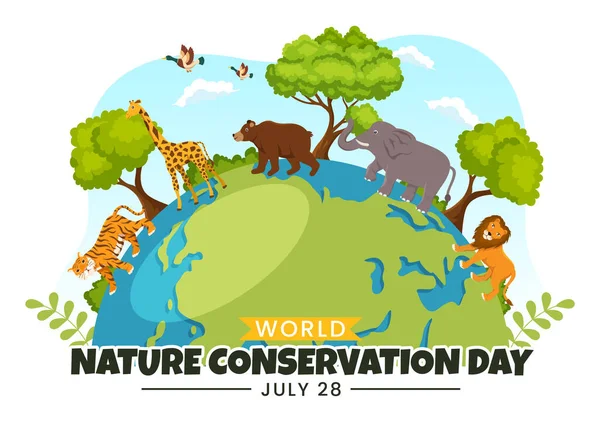 Παγκόσμια Ημέρα Διατήρησης Της Φύσης Εικονογράφηση Διάνυσμα Παγκόσμιο Χάρτη Δέντρο — Διανυσματικό Αρχείο