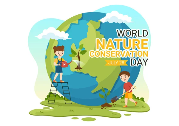 Çizgi Filmdeki Dünya Doğa Koruma Günü Çocuklar Dünya Haritası Ağaç — Stok Vektör