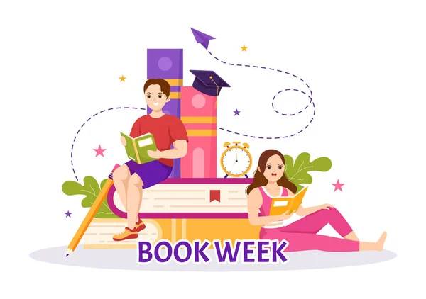 Εβδομάδα Βιβλίου Εκδηλώσεις Διάνυσμα Εικονογράφηση Τους Ανθρώπους Ανάγνωση Μαθητές Μελέτη — Διανυσματικό Αρχείο