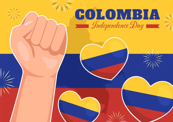 哥伦比亚独立日矢量图解与飘扬的国旗在全国假日庆祝活动平面漫画手绘登陆页模板 — 图库矢量图片