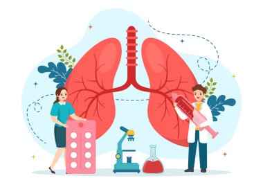 Pulmonolog Vector Illustration with Doctor Pulmonology, Ciğerleri Solunum Sistemi İnceleme ve Düz El Çizim Şablonlarında Tedavi