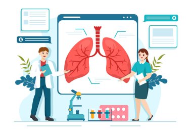 Pulmonolog Vector Illustration with Doctor Pulmonology, Ciğerleri Solunum Sistemi İnceleme ve Düz El Çizim Şablonlarında Tedavi