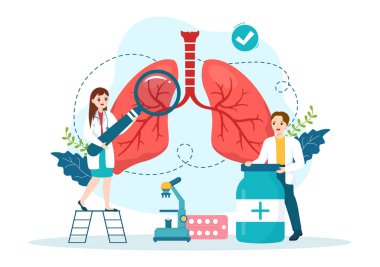 Pulmonolog Vector Illustration with Doctor Pulmonology, Ciğerleri Solunum Sistemi İnceleme ve Düz El Çizim Şablonlarında Tedavi