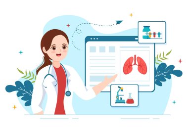 Pulmonolog Vector Illustration with Doctor Pulmonology, Ciğerleri Solunum Sistemi İnceleme ve Düz El Çizim Şablonlarında Tedavi