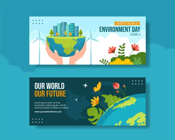 World Environment Day Horizontal Banner Cartoon Hand Drawn Template Background — 스톡 벡터