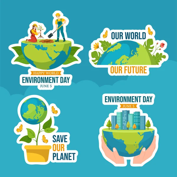 Día Mundial Del Medio Ambiente Etiqueta Plana Dibujos Animados Plantillas — Vector de stock