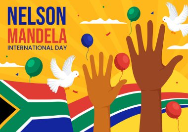 Mutlu Nelson Mandela Uluslararası Gündüz Vektör İlülasyonu 18 Temmuz 'da Düz El Çizilmiş Çizgi Roman El İniş Sayfa Şablonlarında Güney Afrika Bayrağıyla