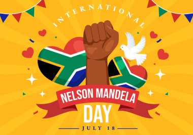 Mutlu Nelson Mandela Uluslararası Gündüz Vektör İlülasyonu 18 Temmuz 'da Düz El Çizilmiş Çizgi Roman El İniş Sayfa Şablonlarında Güney Afrika Bayrağıyla