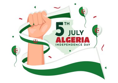Mutlu Cezayir Bağımsızlık Günü Vektör İllüstrasyonu Düz Çizgili El Çizilmiş İniş Sayfası Yeşil Arkaplan Şablonlarıyla Sallanan Bayrak
