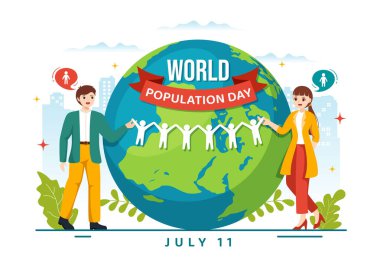 Dünya Nüfus Günü Vektör İlülasyonu 11 Temmuz 'da Düz Çizim El Şablonlarındaki Küresel Nüfus Sorunları Hakkında Bilinci Artırmak İçin