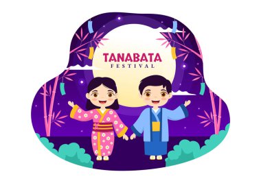 Ulusal Tatil Çizgi Filmlerinde Kimono ve Şakayık Çiçekleri Giyen Çocuklar İçin Tanabata Festivali Vektör Resimleri Çizim Şablonları
