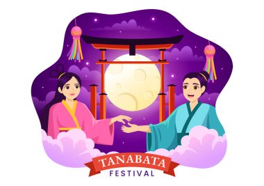 Ulusal Tatil Çizgi Filmi El Çizimi Şablonlarında Kimono ve Şakayık Çiçekleri Giyen İnsanların Tanabata Festivali Vektör Resimleri
