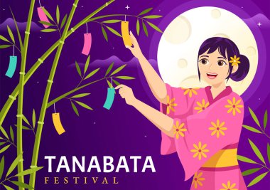 Ulusal Tatil Çizgi Filmi El Çizimi Şablonlarında Kimono ve Şakayık Çiçekleri Giyen İnsanların Tanabata Festivali Vektör Resimleri