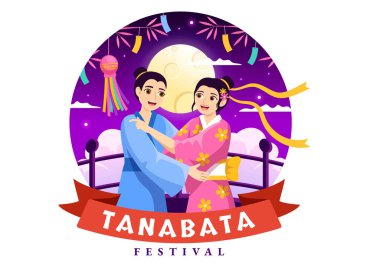 Ulusal Tatil Çizgi Filmi El Çizimi Şablonlarında Kimono ve Şakayık Çiçekleri Giyen İnsanların Tanabata Festivali Vektör Resimleri