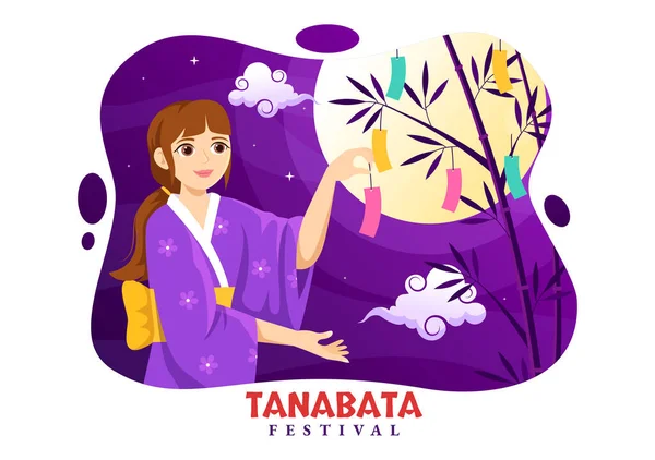 stock vector Tanabata Festival Vector Illustration with People Wearing Kimono and Peonies Flowers in National Holiday Flat Cartoon Hand Drawn Templates