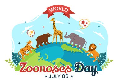 Dünya Hayvanat Bahçeleri Günü Vektör İlülasyonu 6 Temmuz 'da Düz El Çizim Çizim Sayfa Şablonu Ormanı' nda Çeşitli Hayvanlar