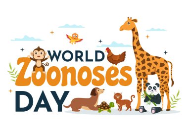 Dünya Hayvanat Bahçeleri Günü Vektör İlülasyonu 6 Temmuz 'da Düz El Çizim Çizim Sayfa Şablonu Ormanı' nda Çeşitli Hayvanlar