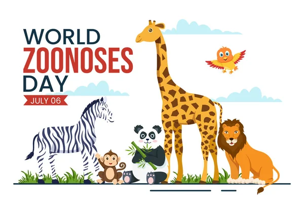 Dünya Hayvanat Bahçeleri Günü Vektör İlülasyonu 6 Temmuz 'da Düz El Çizim Çizim Sayfa Şablonu Ormanı' nda Çeşitli Hayvanlar