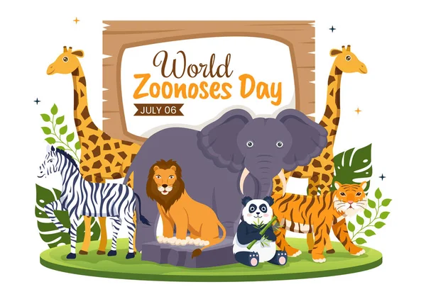 stock vector World Zoonoses Day Vector Illustration on 6 July with Various Animals which is in the Forest in Flat Cartoon Hand Drawn Landing Page Templates