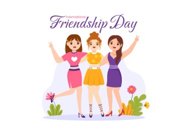 Genç Kız ve Erkeklerle Mutlu Dostluk Günü Vektör Resimleri Düz El Çizilmiş Çizim Arkaplan Şablonu 'nda Birliktelik