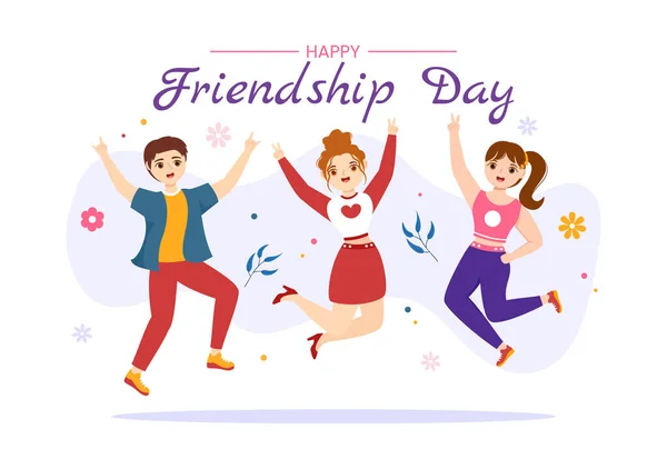 Happy Friendship Day Wektor Ilustracja Młodymi Chłopcami Dziewczętami Flat Cartoon — Wektor stockowy