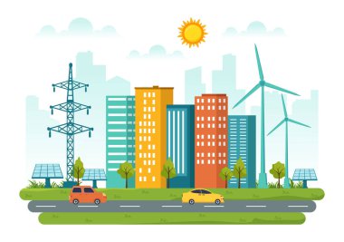 Şehir Vektör İllüzyonunda, Güneş ve Rüzgarın Elle Çektiği Şablondan Oluşturulan Sürdürülebilir Elektrik Ortamı Verimliliği