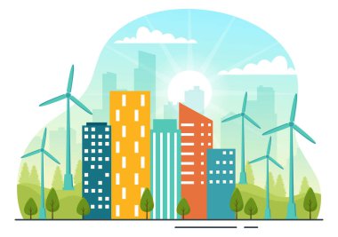 Şehir Vektör İllüzyonunda, Güneş ve Rüzgarın Elle Çektiği Şablondan Oluşturulan Sürdürülebilir Elektrik Ortamı Verimliliği