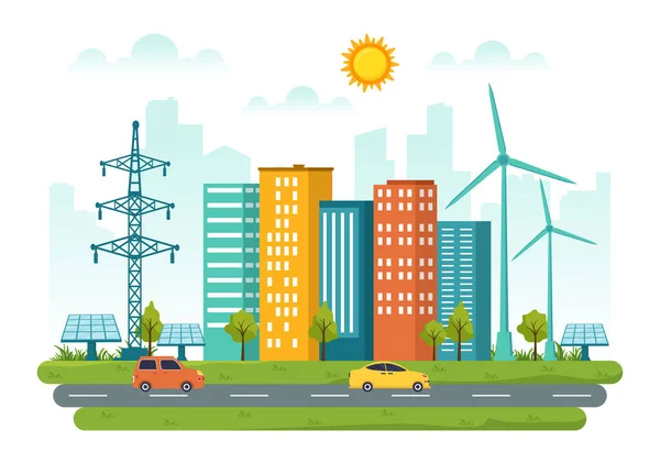 Energie Efficiëntie Stad Vector Illustratie Met Duurzame Omgeving Voor Elektriciteit — Stockvector