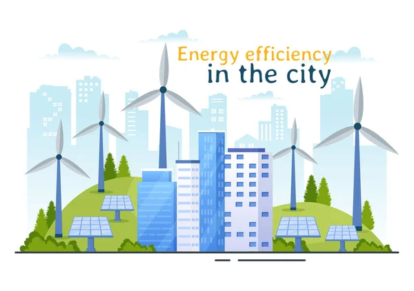 stock vector Energy Efficiency in the City Vector Illustration with Sustainable Environment for Electricity Generated From Sun and Wind in Hand Drawn Templates