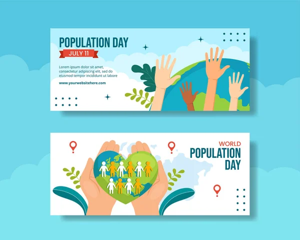 World Population Day Horizontal Banner Cartoon Hand Drawn Template Background — 스톡 벡터