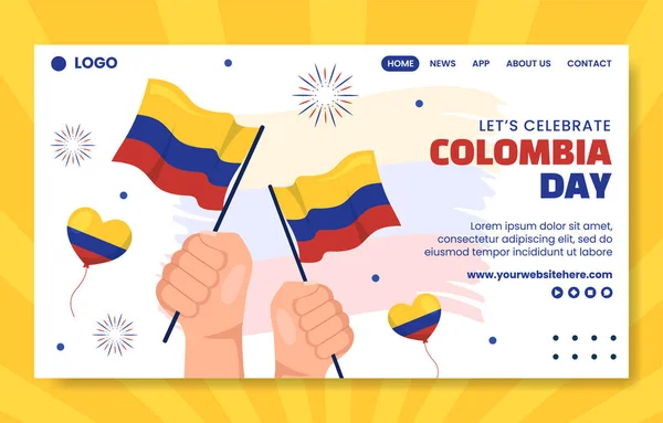 Colombia Día Independencia Social Media Landing Page Plano Dibujos Animados — Archivo Imágenes Vectoriales
