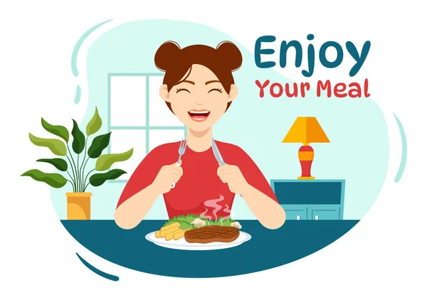 享用您的饮食媒介图解家庭美味食品的多样性或平面漫画手绘登陆页背景模板中的餐馆 — 图库矢量图片