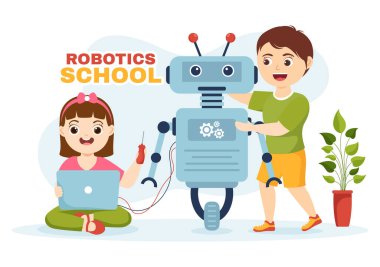 Çizgi film Çizim Elleri Çizim Sayfa Şablonu 'nda Robot Programlama ve Mühendislik Robotu ile Robot Okul Vektör İlülasyonu