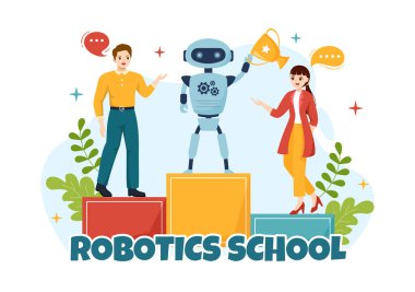 Çizgi film El Çizim İniş Sayfası Şablonlarında Genç Robot Robot Programlama ve Mühendislik Projesiyle Robotik Okul Vektör İlülasyonu