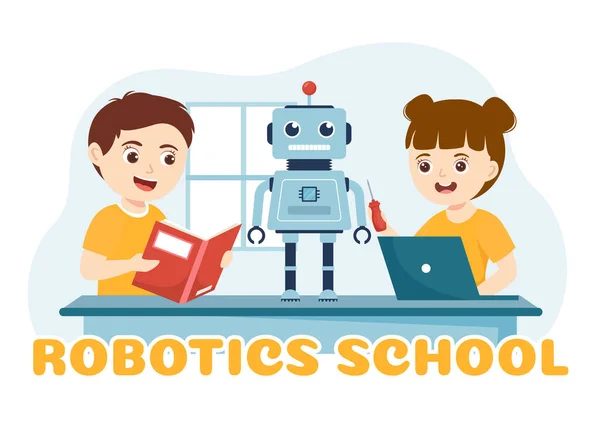 Illustration Vectorielle École Robotique Avec Des Enfants Projet Robotique Programmation — Image vectorielle