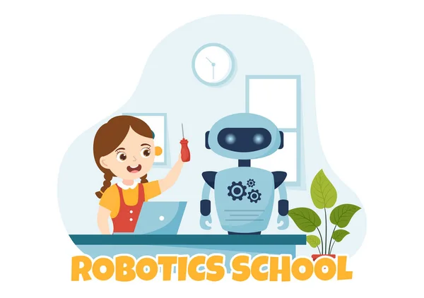 Illustration Vectorielle École Robotique Avec Des Enfants Projet Robotique Programmation — Image vectorielle