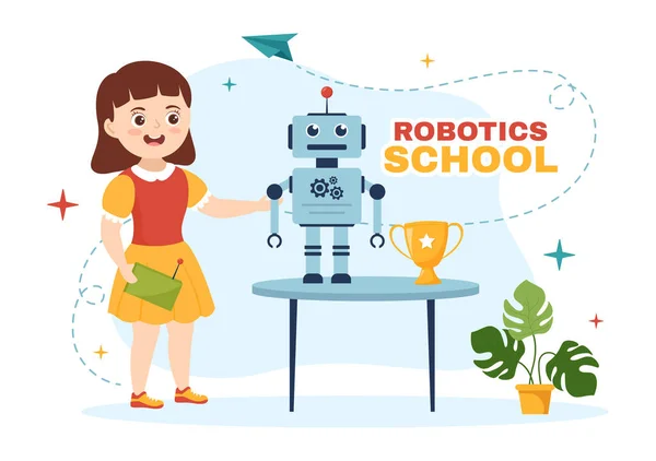 Vektorové Ilustrace Robotické Školy Dětským Robotickým Projektem Programování Inženýrství Robot — Stockový vektor