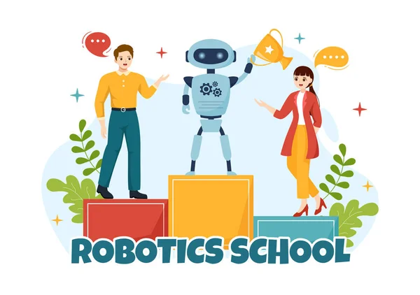 Illustration Vectorielle École Robotique Avec Projet Robotique Jeunesse Robot Programmation — Image vectorielle