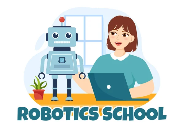 stock vector Robotics School Vector Illustration with Youth Robotic Project to Programming and Engineering Robot in Cartoon Hand Drawn Landing Page Templates