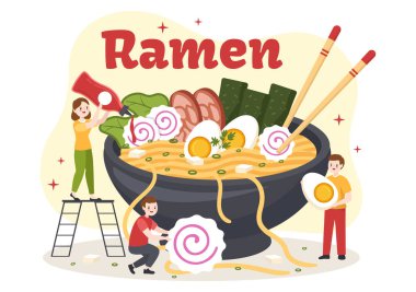 Erişte, çubuk, Miso Çorbası, Yumurta Kaynatılmış ve Izgara Nori ile Düz Çizgili Çizgi El Şablonu ile Japon Yemeklerinin Ramen Vektör İlülasyonu