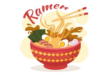 Erişte, çubuk, Miso Çorbası, Yumurta Kaynatılmış ve Izgara Nori ile Düz Çizgili Çizgi El Şablonu ile Japon Yemeklerinin Ramen Vektör İlülasyonu