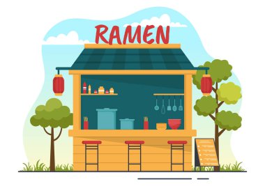 Erişte, çubuk, Miso Çorbası, Yumurta Kaynatılmış ve Izgara Nori ile Düz Çizgili Çizgi El Şablonu ile Japon Yemeklerinin Ramen Vektör İlülasyonu