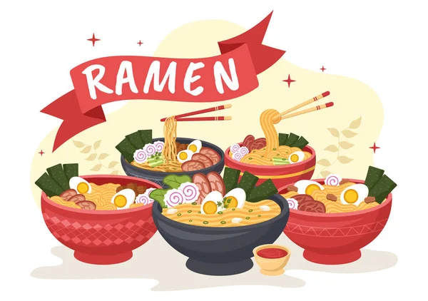 Ramen Vector Illusztrációja Japán Étel Tészta Evőpálcika Miso Leves Tojás — Stock Vector