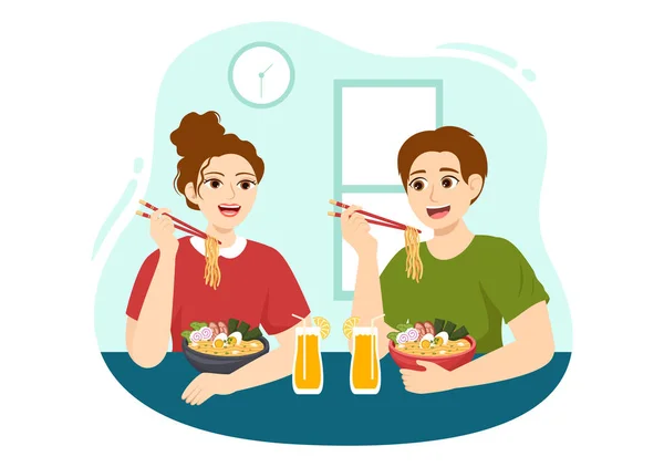 Ramen Vector Illustration Japanese Food Noodle Chopsticks Miso Soup Egg — Stock Vector