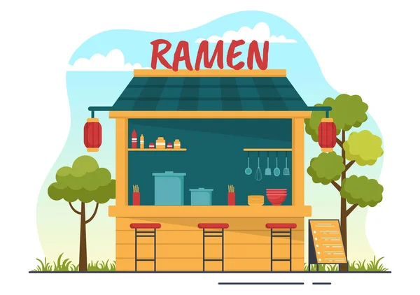 Ramen Vector Illustration Von Japanischem Essen Mit Nudeln Essstäbchen Miso — Stockvektor
