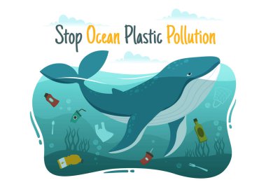 Okyanus Plastiği Kirlilik Vektör İllüstrasyonunu Deniz Altındaki Çöp Torbası, Çöp Kutusu ve Düz Çizgi El Şablonu Şablonu Gibi Durdur