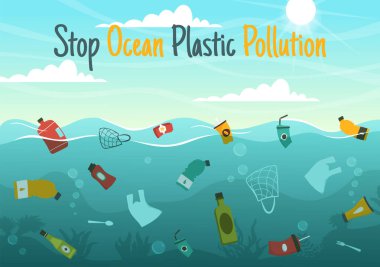 Okyanus Plastiği Kirlilik Vektör İllüstrasyonunu Deniz Altındaki Çöp Torbası, Çöp Kutusu ve Düz Çizgi El Şablonu Şablonu Gibi Durdur