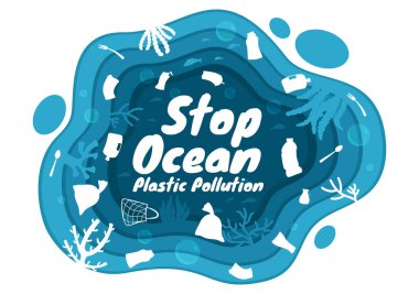 Okyanus Plastiği Kirlilik Vektör İllüstrasyonunu Deniz Altındaki Çöp Torbası, Çöp Kutusu ve Düz Çizgi El Şablonu Şablonu Gibi Durdur