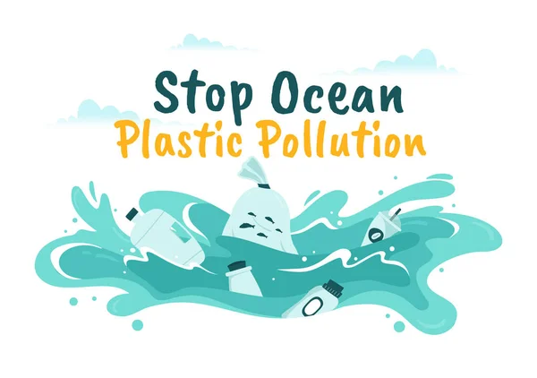 Векторная Иллюстрация Загрязнения Океана Мусором Морем Мешок Отходами Мусор Бутылка — стоковый вектор
