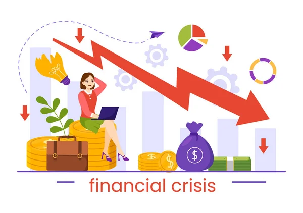 Financial Crisis Vector Illustration Bankruptcy Collapse Economy Cost Reduction Flat — Stock Vector